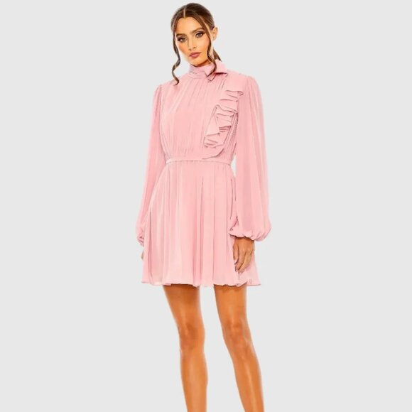 Ieena for Mac Duggal 55878 Size 6 Pink Draped High Neck Long Sleeve Mini Dress - Picture 1 of 3